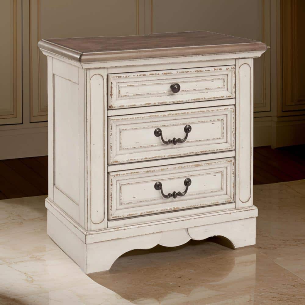 White and Brown Solid Wood 3-Drawer Nightstand with Black Handles