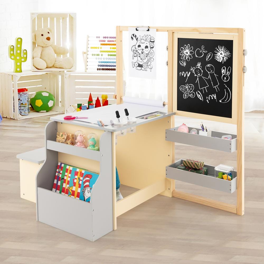 Costway Kids Art Center Wooden Table Bench Set Adjustable