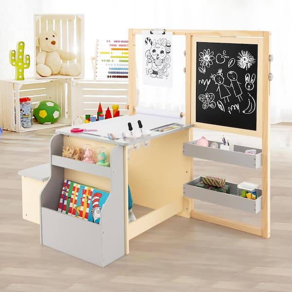 Costway Kids Art Center Wooden Table Bench Set Adjustable Double-Sided Easel Storage Grey