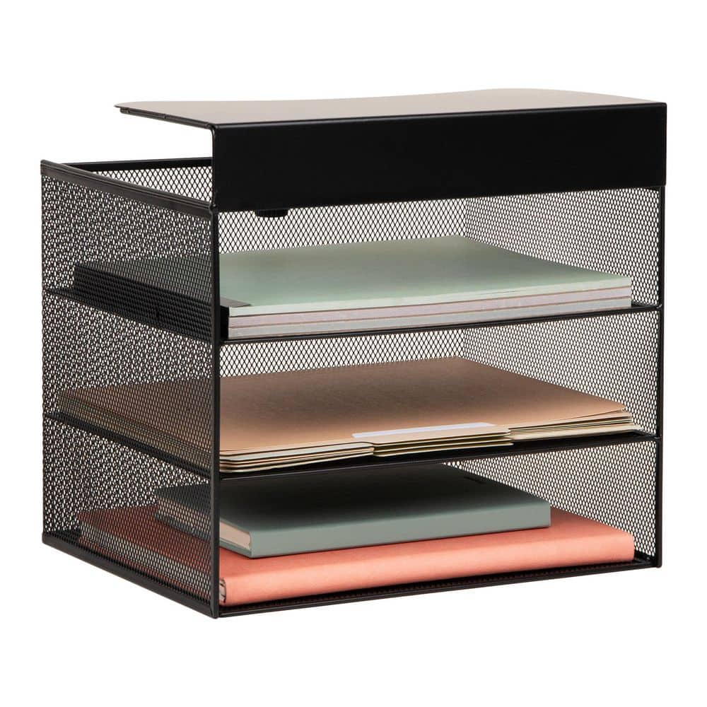Black 9.75 in. x 11.5 in. Metal Slide-On Under Desk File Organizer Hanging Storage for Laptops Folders and Notebooks