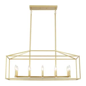 10-Light Gold Industrial Linear Chandelier Rectangle Pendant Light for Kitchen Island