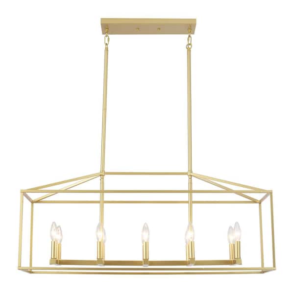 10-Light Gold Industrial Linear Chandelier Rectangle Pendant Light for Kitchen Island