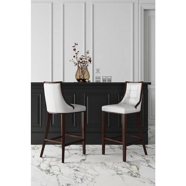 Fifth Avenue 31.5 in. Pearl White and Walnut Beech Wood Barstool with Faux Leather Upholstered Seat