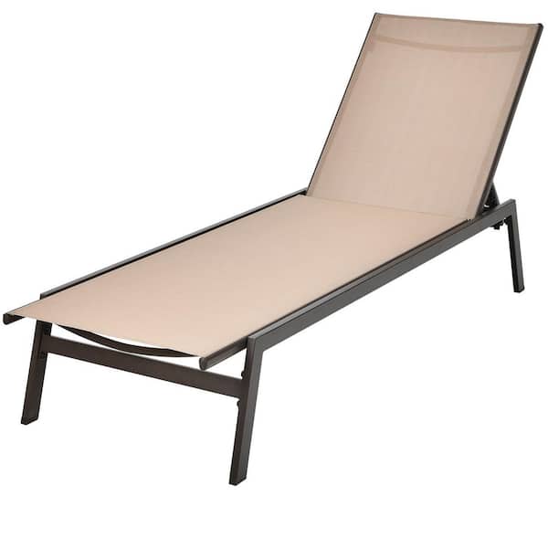 ANGELES HOME Reclining Metal Outdoor Lounge Chair with 6-Position Adjustable Back in Brown