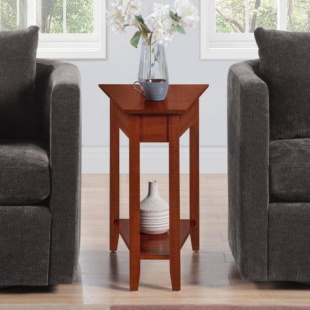 Triangular Cherry Wood and Metal Wedge End Table with Shelf