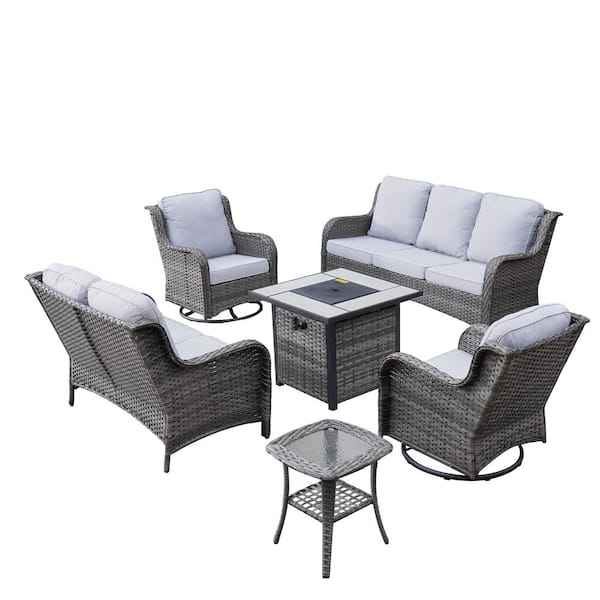 XIZZI Pluto Gray 6-Piece Wicker Patio Fire Pit Set with Gray Cushions and Swivel Rocking Chairs