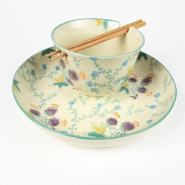 Euro Ceramica Ella Multicolored Aqua Rim Stoneware 22 fl. oz. Ramen and 28 fl. oz. Dinner Bowl with Chopsticks (Set for 1)