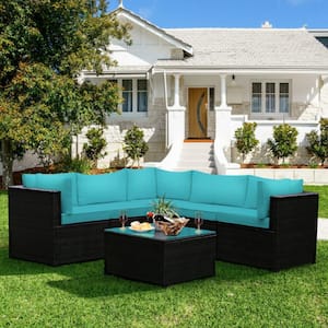 6-Piece Brown Frame Wicker Outdoor Sectional Set Patio Furniture Set with CushionGuard Turquoise Cushions