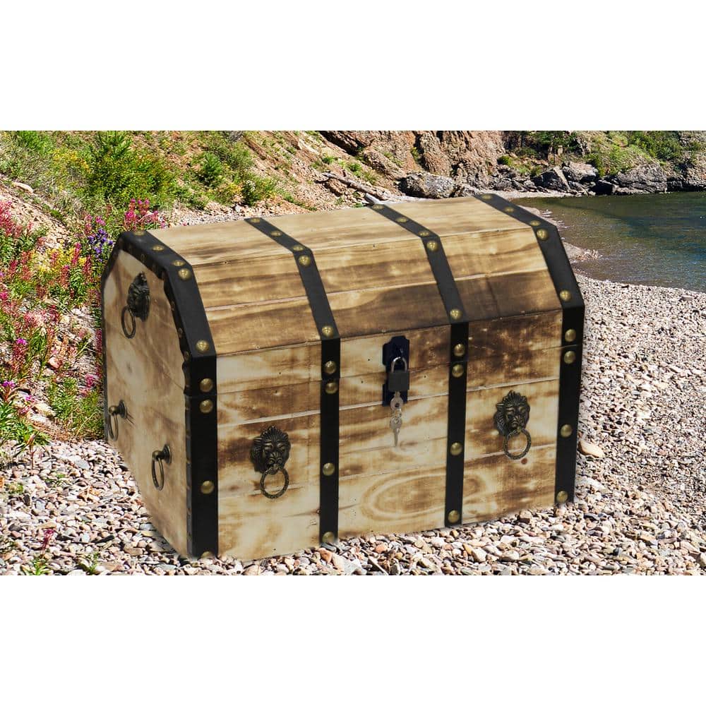 Large Rustic Wooden Pirate Trunk with Lion Rings and Lock