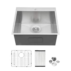 25 in. Single Bowl Zero Radius Corner 18 -Gauge Stainless Steel Drop-in/Topmount Kitchen Sink Bar Sink with Bottom Grid