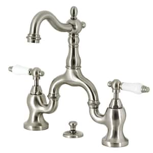 English Country Bridge 8 in. Widespread 2-Handle Bathroom Faucet with Brass Pop-Up in Brushed Nickel