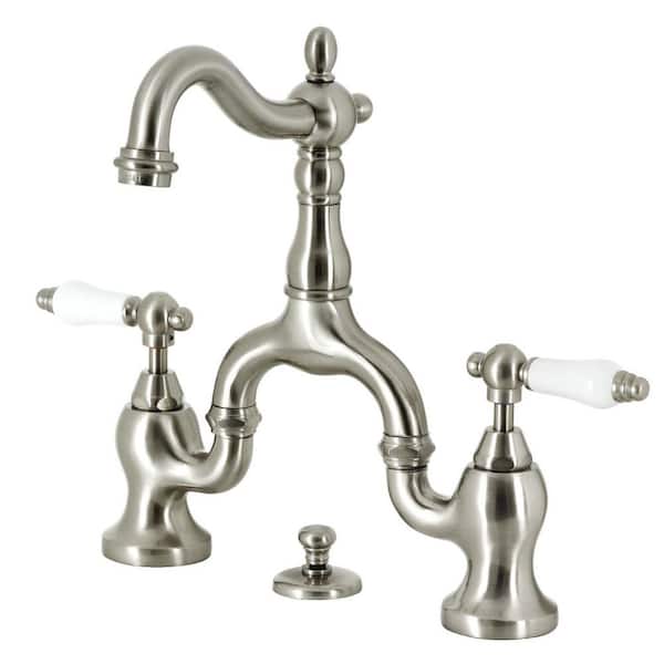 Kingston Brass English Country Bridge 8 in. Widespread 2-Handle Bathroom Faucet with Brass Pop-Up in Brushed Nickel