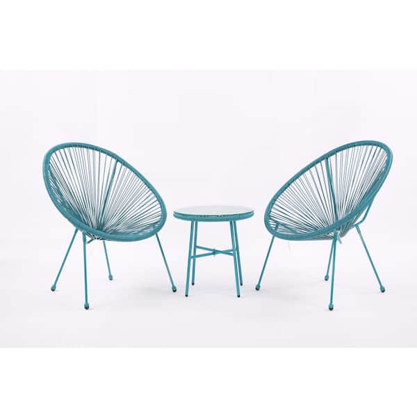 Zeus & Ruta 3-Piece Blue Wicker Patio Conversation Set with Side Table, Acapulco Chair Set, Rope Furniture for Garden, Poolside