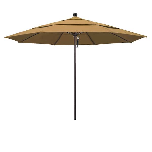 California Umbrella 11 ft. Bronze Aluminum Commercial Market Patio Umbrella with Fiberglass Ribs and Pulley Lift in Straw Olefin