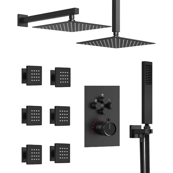 His and Hers Showers 15-Spray Square 12 in. Thermostatic Multifunction Wall Bar Shower Kit in Matte Black Valve Included