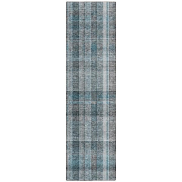 Teal 2 ft. x 8 ft. Woven Plaid Polyester Runner Indoor/Outdoor Area Rug