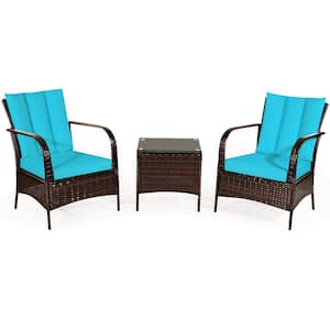 Brown 3-Piece Wicker Patio Conversation Seating Set with Turquoise Cushions