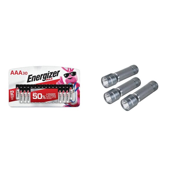 MAX AAA Alkaline Batteries (30-Pack) and 300 Lumens Aluminum Flashlight (3-Pack) Combo