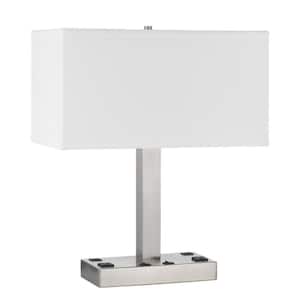 21 in. Nickel Metal Two Light Desk Usb Table Lamp with White Rectangular Shade