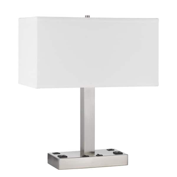 HomeRoots 21 in. Nickel Metal Two Light Desk Usb Table Lamp with White Rectangular Shade