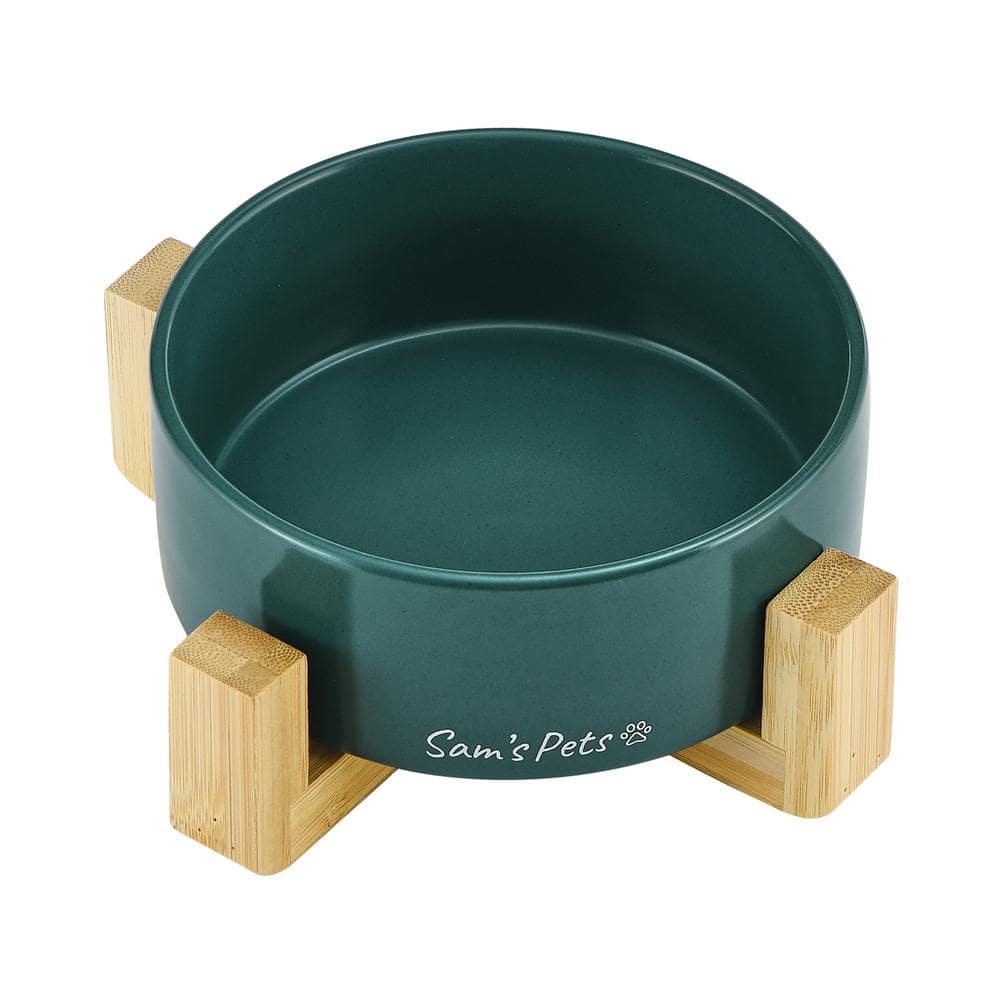 Green Ceramic Pet Bowl with Wooden Stand