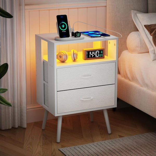White 2-Piece Modern Nightstand with Charging Station and LED Light,2 Fabric Drawer per Nightstand,End Table for Bedroom