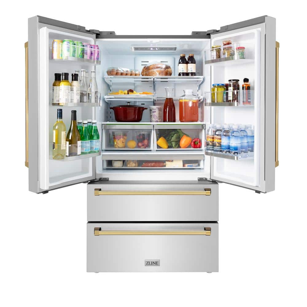 ZLINE 36" Stainless Steel French Door Refrigerator with Gold Accents