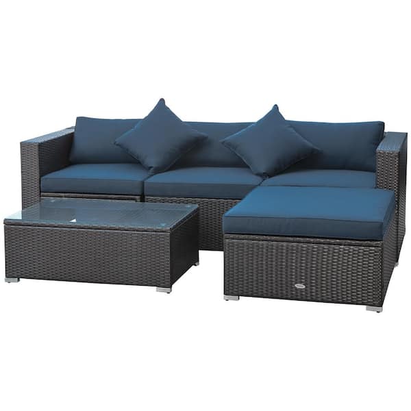 Outsunny 5-Piece Wicker Patio Conversation Set with Coffee Cushions Tempered Glass Tabletop
