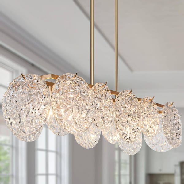33 in. 5-Light Dark Gold Island Chandelier Lighting, Modern Farmhouse Pendant Light with Water Ripple Clear Glass Shade