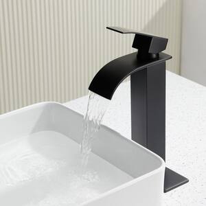 Single Handle Single Hole Tall Vessel Sink Faucet with Deckplate Included in Matte Black