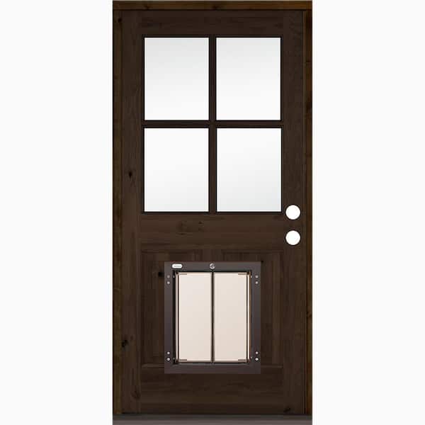 Krosswood Doors 32 in. x 80 in. Knotty Alder Left-Hand/Inswing 4-Lite Clear Glass Provincial Stain Wood Prehung Front Door with Dog Door
