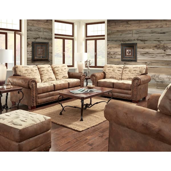 American Furniture Classics Angler's Cove 4-Piece Angler's Cove Tapestry Brown Pinto Microfiber Living Room Set with Sleeper Sofa