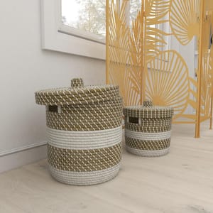 Seagrass Handmade Two Toned Storage Basket with Matching Lids (Set of 2)
