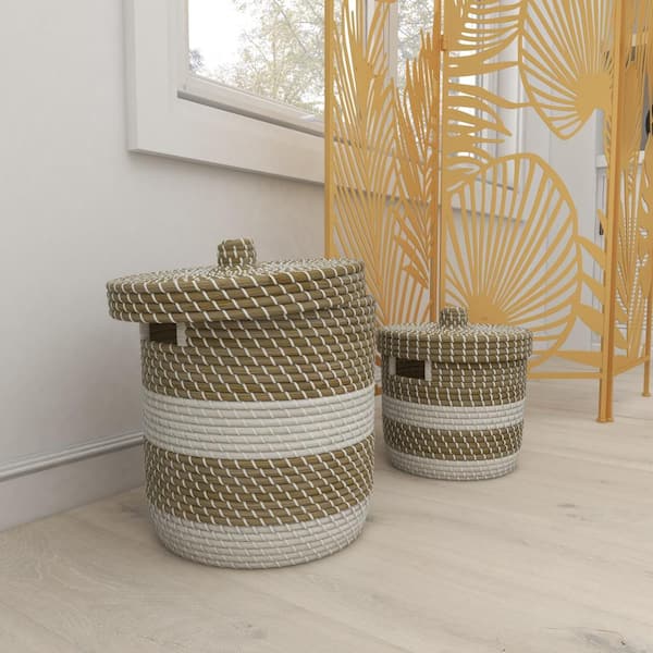 Litton Lane Seagrass Handmade Two Toned Storage Basket with Matching Lids (Set of 2)