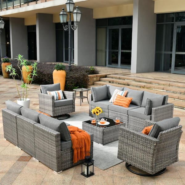 Hooowooo Messi Gray 10 Piece Wicker Outdoor Patio Conversation Sectional Sofa Set With Swivel 8586