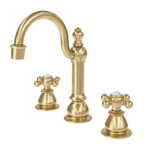 Classic Hook Widespread Deck Mount Lavatory Faucets F2-0012 With Pop-Up Drain in Satin Gold With British Cross Handles