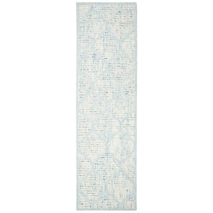 Abstract Ivory/Turquoise 2 ft. x 10 ft. Distressed Quatrefoil Runner Rug
