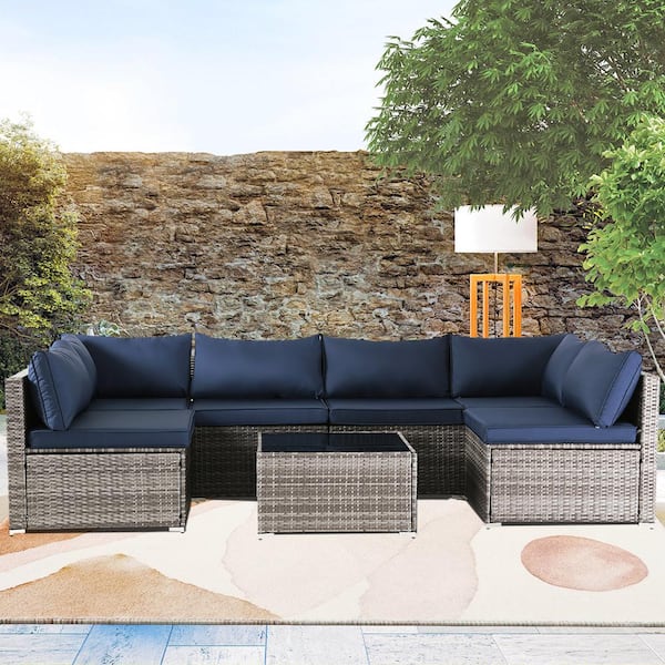 Runesay Modern 7-Piece Gray Wicker Rattan Outdoor Patio Sectional Sofa Set with Navy Blue Cushions