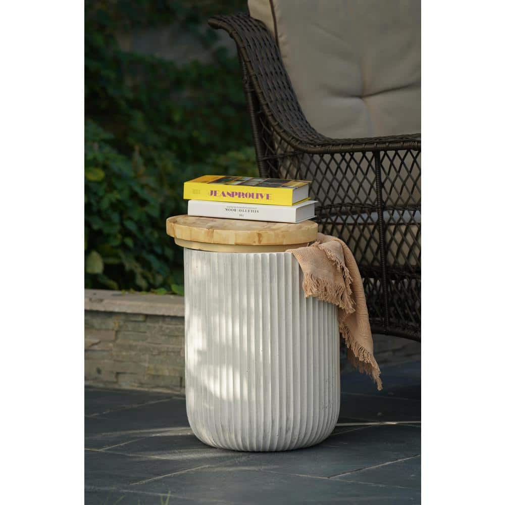 Gray Cement and Faux Wood Round Patio Side Table with Storage