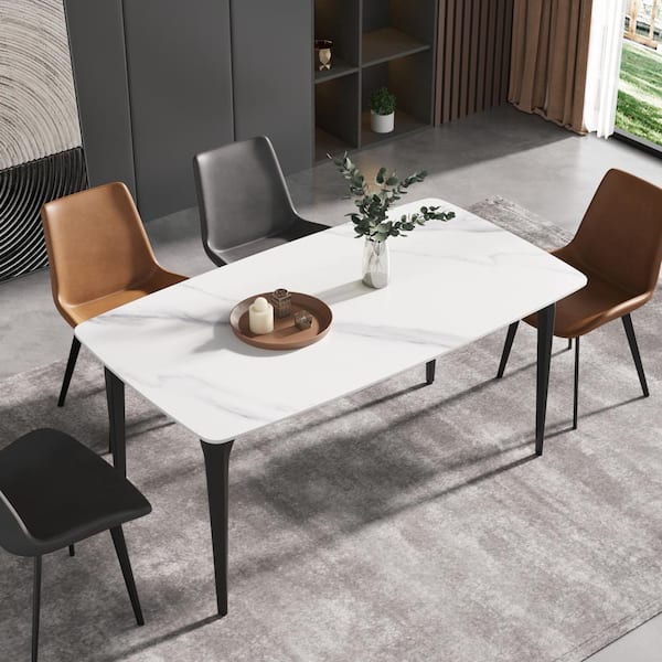 J&E Home 63 in. Rectangle White Sintered Stone Tabletop Dining Table with Carbon Steel Base (Seats-6)