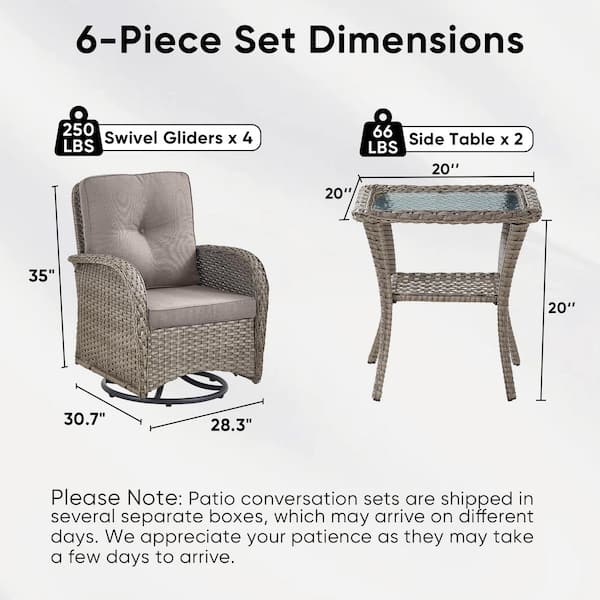 Farmhouse 6-Piece Gray Wicker Outdoor Rocking Chair with Olefin Gray Cushions and Swivel Glides / Side Tables