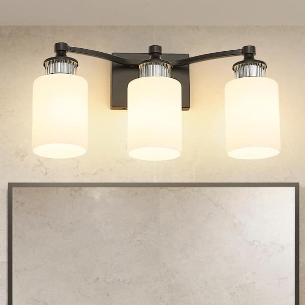 17.75 in. 3-Light Matte Black Bathroom Vanity Light Fixture with Frosted Glass Shades