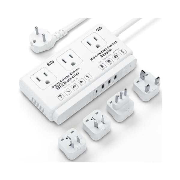 3-Outlet Power Strip Surge Protector Voltage Converter with 3 USB-A Ports, 1 USB-C Port and 5-Plugs, White