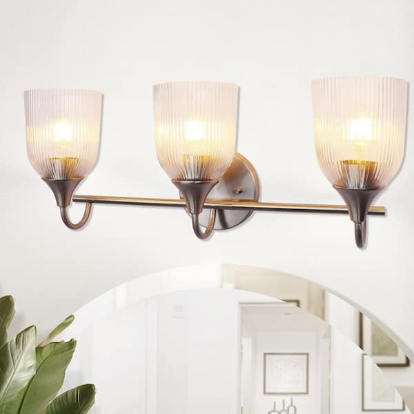 22 in. 3-Light Silver Vanity Light with Vertical Bar Textured White Glass Shade