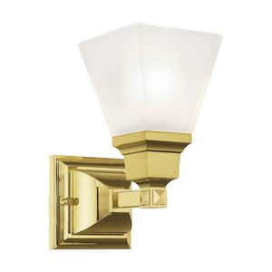 Chadbdurne 5 in. 1-Light Polished Brass Wall Sconce with Satin Glass