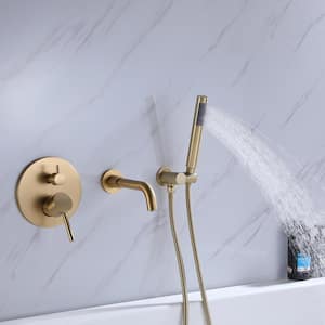 Double-Handle Wall Mounted Roman Tub Faucet with Hand Shower in Brushed Gold