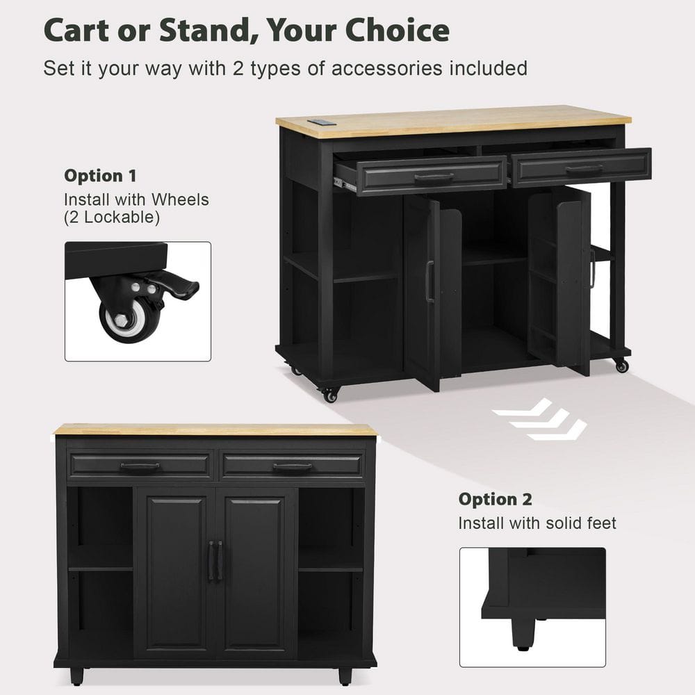 White Kitchen Cart with Extendable Dining Table, Internal Racks, 4 Open Side Shelves, 2-Drawer, Power Outlet - thumbnail 10