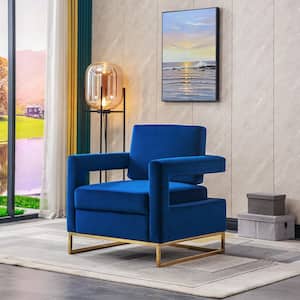 Blue Accent Velvet Sofa Chair/Open Back Chair Removable Tufted Cushion Armchair With Pillow Gold Stainless Steel Base