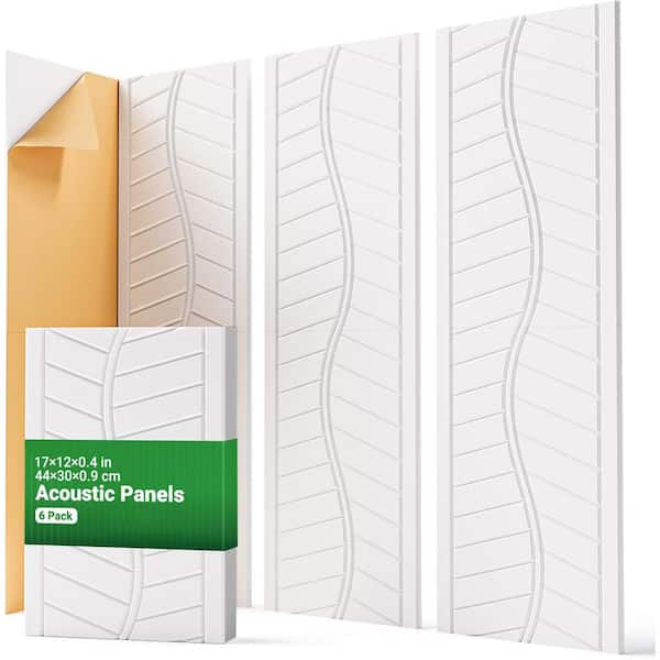 6-Pack Self-Adhesive Soundproof Wall Panels, 0.4"x12"x17" High Density Acoustic Panels for Studio, Office, White Foam