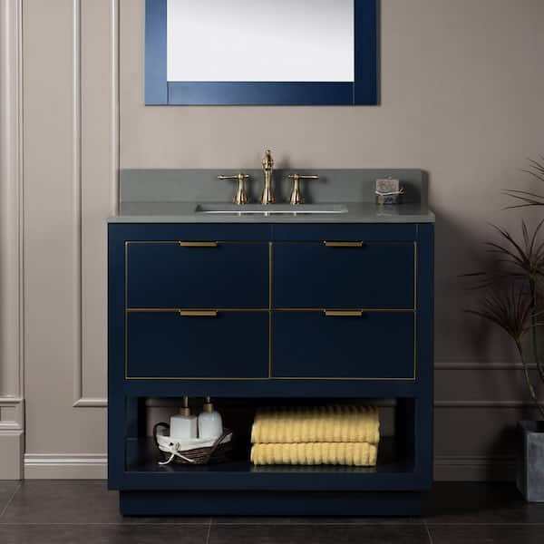 WOODBRIDGE Venice 37 in.W x 22 in.D x 38 in.H Bath Vanity in Navy Blue with Dark Gray Engineered stone Vanity Top with White Sink